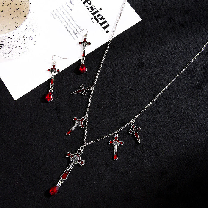 Wholesale Gothic Bat Earrings and Cross Pendant Necklace Set Red Drop Design Alloy Jewelry