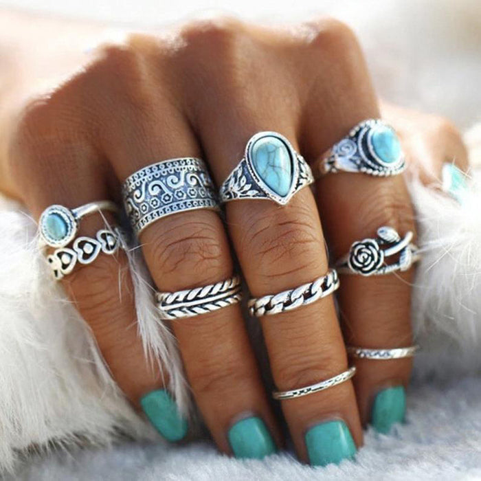Wholesale vintage totem flower turquoise 10-piece ring