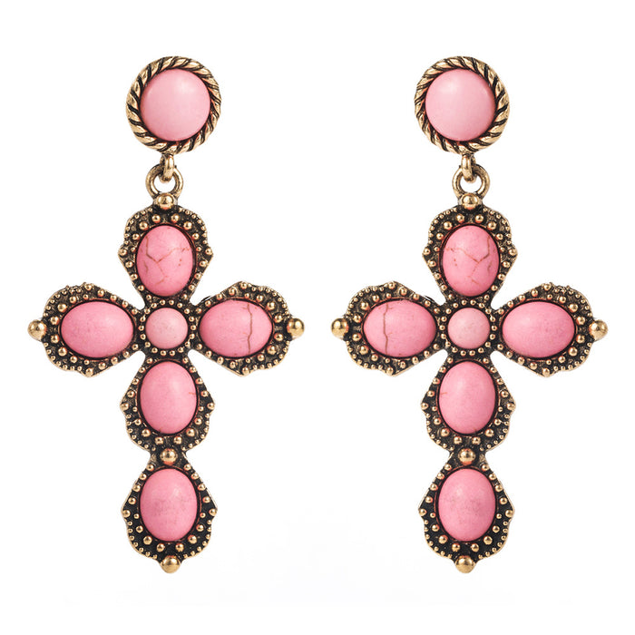 Wholesale Oval Statement Earrings with White Powder Turquoise Cross Inlay