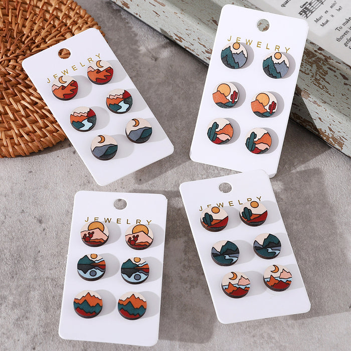 Wholesale Bohemian Abstract Sun Mountains Rivers Simple Scenery Earrings Set Wooden Earrings Gift