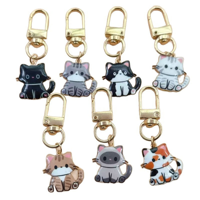 Wholesale 10pcs Cartoon Alloy Printed Pendant Cute Kitten Keychain Animal Series Metal Key Ring Bag Charm Accessory