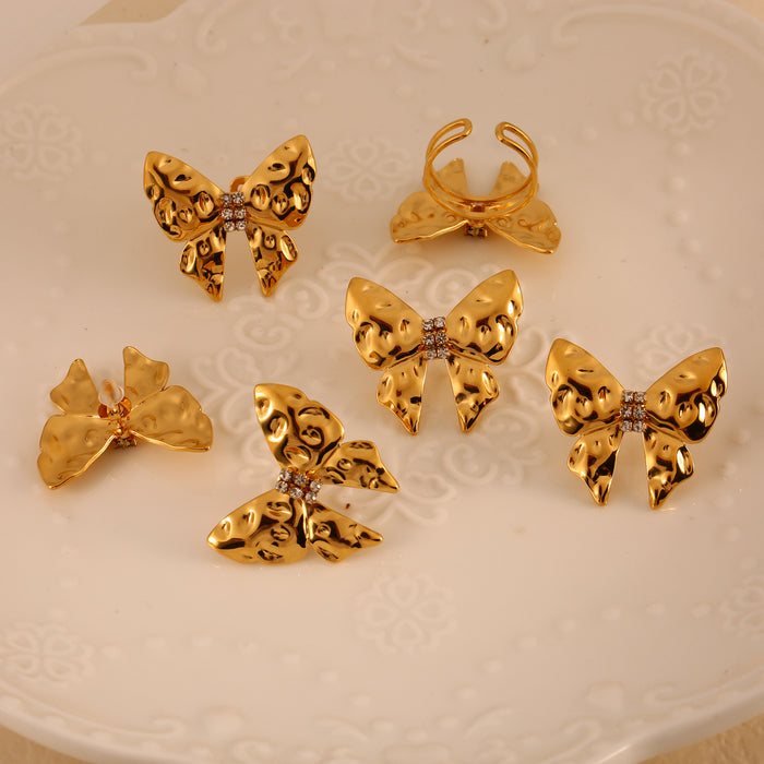 Wholesale Popular and versatile stainless steel butterfly patterned zircon earrings with light luxury and high-end feel, earring ring set