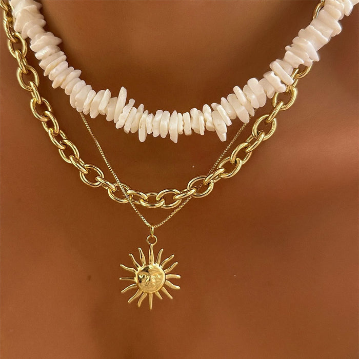 Wholesale Fashionable natural shell necklace, light luxury, high-end feeling, sun pendant, multiple layers, wearing collarbone chain