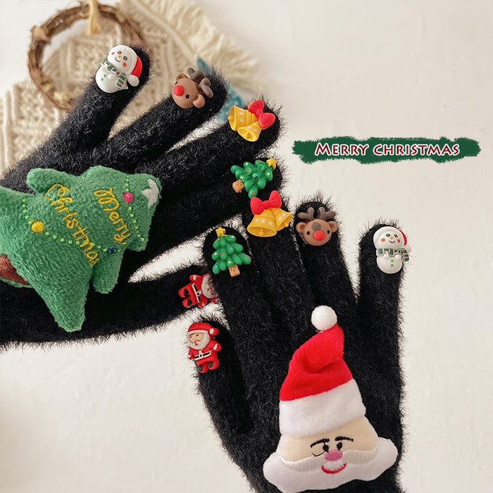Wholesale Christmas Gloves Men' s and Women' s Winter Cross-border Doll Plush Warm Outdoor Riding Student Five-finger Gloves