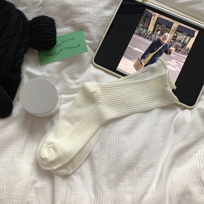 Wholesale Curled edge socks, mid length socks, new cotton socks, thin mesh breathable stacking long socks