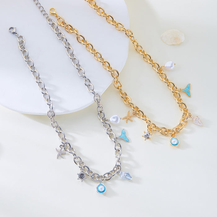 Wholesale Ocean Seashell Starfish Pearl Necklace and Bracelet Set Alloy Electroplated Fashion Accessory