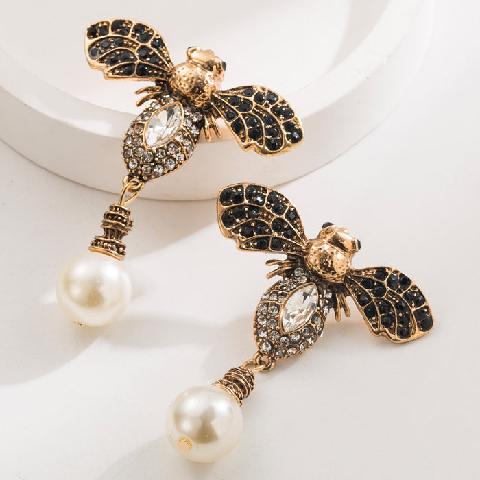 Wholesale Vintage Bee Pearl Drop Earrings Alloy Electroplated Fashion Jewelry Accessory