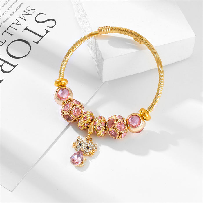 Wholesale Fashion Rhinestone Lucky Cat Butterfly Pendant Bracelet  Stainless Steel Women's Jewelry,  Boutique Resale
