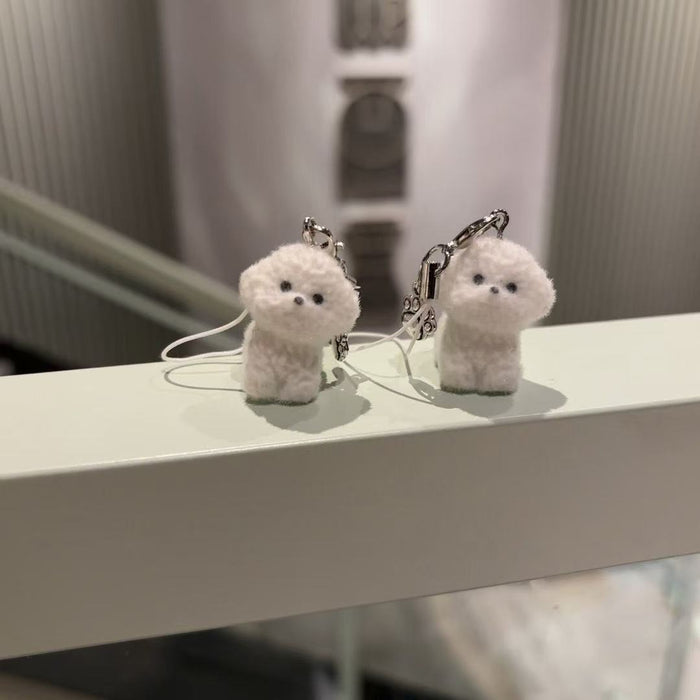 Wholesale Cute Soft Cute Flocking White Dog Mobile Phone Car Keychain Pendant Women's Chain