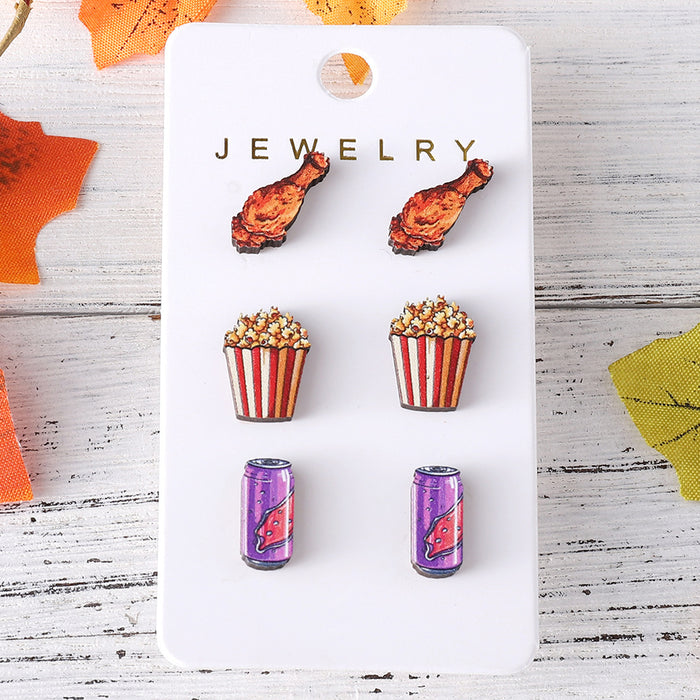 Wholesale Hamburger,  hot dog,  chicken drumstick,  popcorn,  cola food earring set wooden food earrings