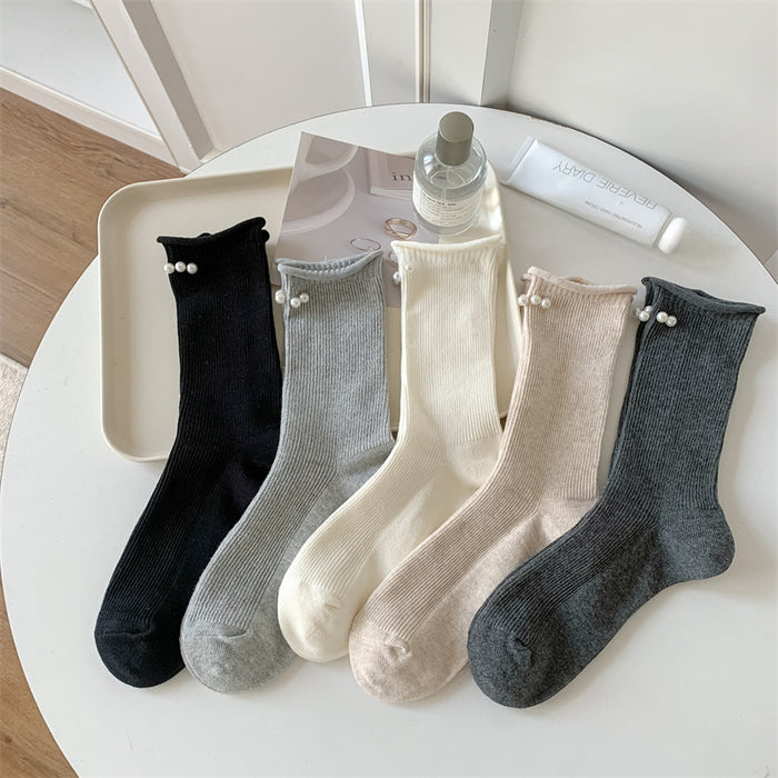 Wholesale Socks Double Needle Solid Color Curled Edge Stacked Socks Middle Tube Socks
