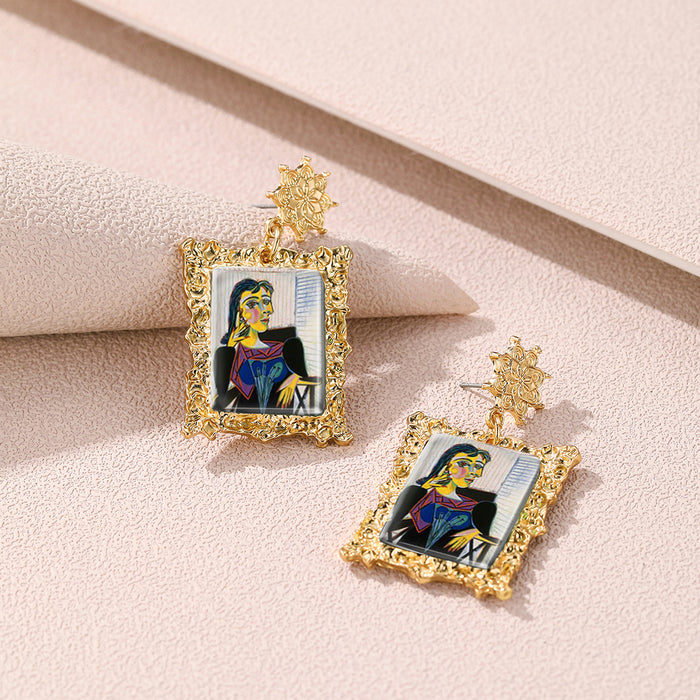 Wholesale Retro gold frame earrings abstract woman famous painting exaggerated earrings crying woman earrings