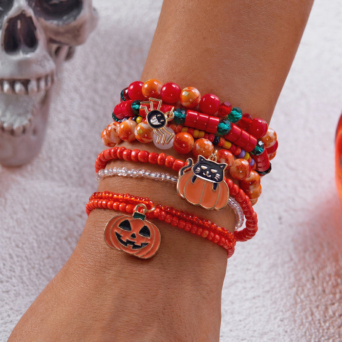 Wholesale Halloween Stacking Bracelet Set with Pumpkin Ghost and Skeleton Beads Jewelry Accessory