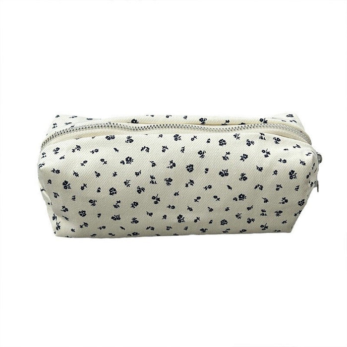 Wholesale Canvas Cream Floral Pencil Case Large Capacity Makeup Bag