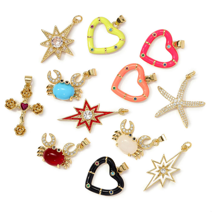 Wholesale Dripping Oil Love Sea Star DIY Copper Zircon Pendant Necklace Natural Stone Crab Earrings Jewelry Pendant