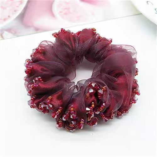 Wholesale Silk Yarn Hair Ring Ball Head Rope Women's Simple Crystal Handmade Hair Accessories Rubber Band Organza Large Intestine Hair Ring