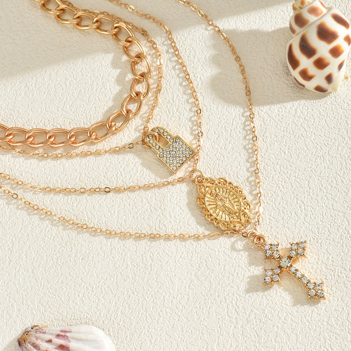 Wholesale Diamond studded cross pendant necklace with temperament, multi-layered collarbone chain