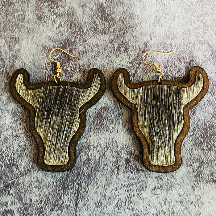 Wholesale Retro genuine leather earrings Western cow head leopard print horse hair inlaid wooden earrings