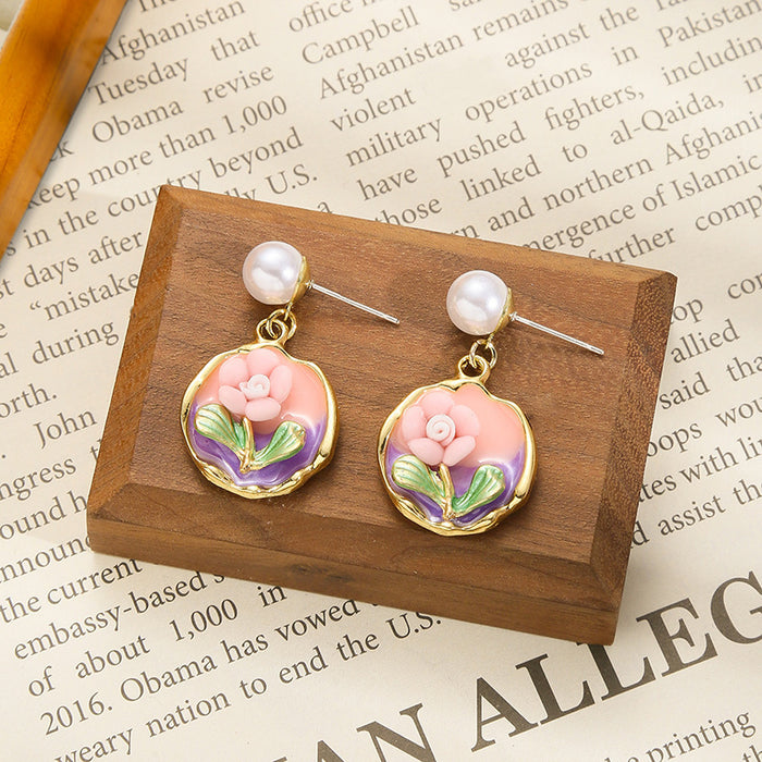 Wholesale Colored oil dripping flower earrings with a light luxury and high-end feel, fresh and fashionable temperament earrings