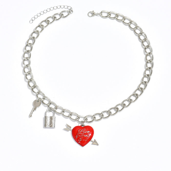 Wholesale Jewelry Punk Love Necklace Key Chain Thick Chain Peach Heart Pendant Clavicle Chain