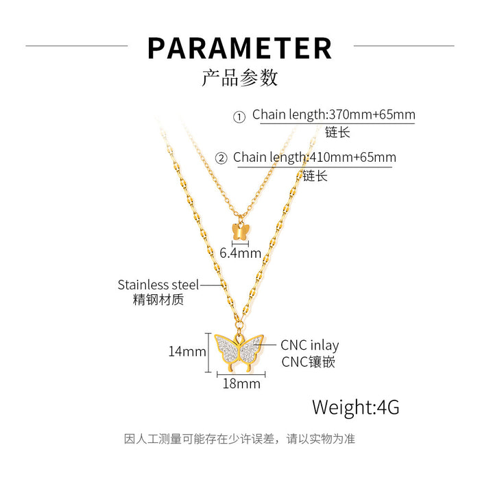 Wholesale Stainless steel exquisite butterfly inlaid with diamonds, double-layer stacked collarbone chain