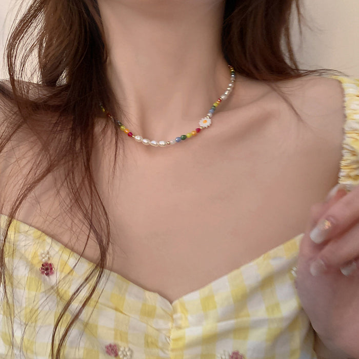 Wholesale Color Daisy Flower Necklace Pearl Women  Clavicle Chain Design Neck Chain Bracelet
