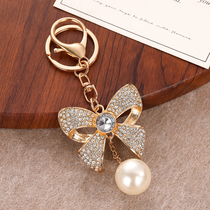Wholesale Red Rhinestone Pearl Bow Keychain Bag Charm Car Key Accessory Birthday Gift MOQ≥2
