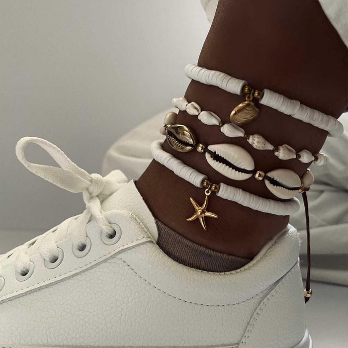 Wholesale Shell foot chain 4-piece set, fashionable and versatile woven foot accessory