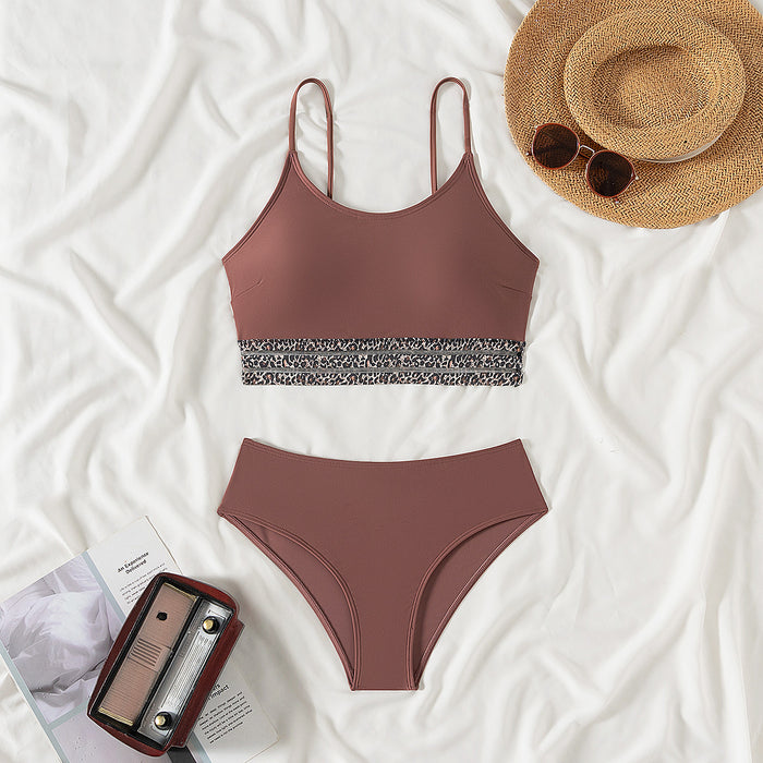 Wholesale Split two-piece women's solid color leopard print swimsuit in stock