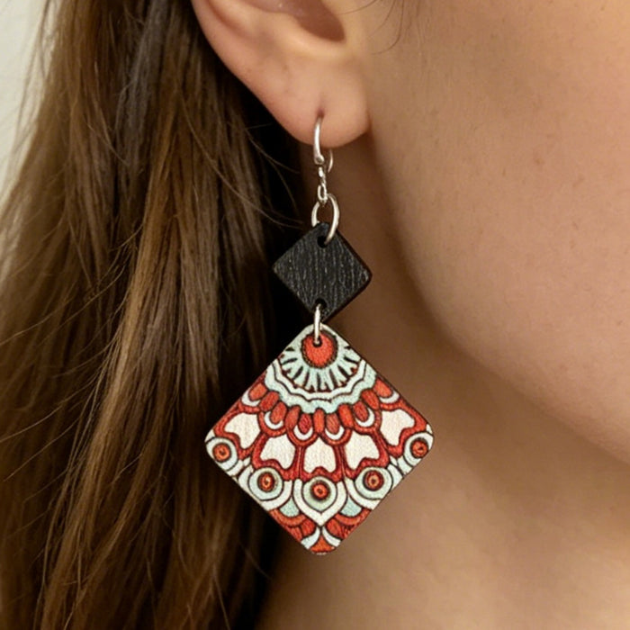 Wholesale Wood Mandala Rhombus Double-Layer Earrings – Red Green Vintage Ethnic Accessory