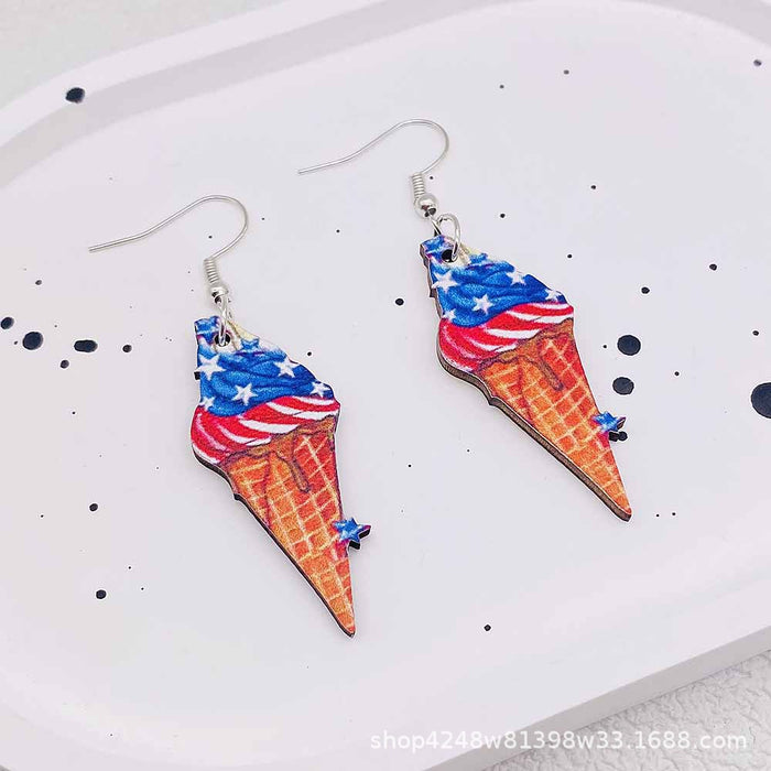 Wholesale American Independence Day Five-pointed Star Ice Cream Print Wooden Earrings JDC-ES-Susheng009