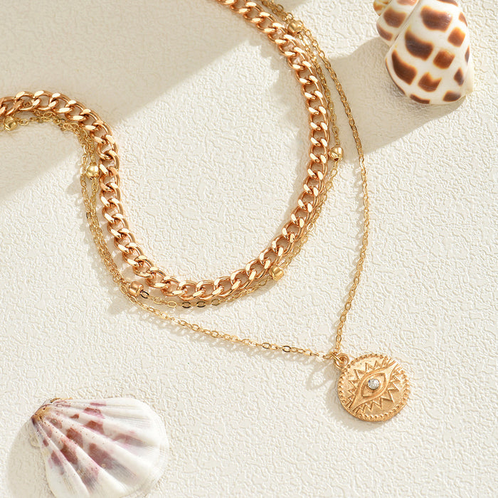 Wholesale Fashion Devil's Eye circular pendant necklace with 3 layers of thick chain, coins inlaid with diamonds, collarbone chain