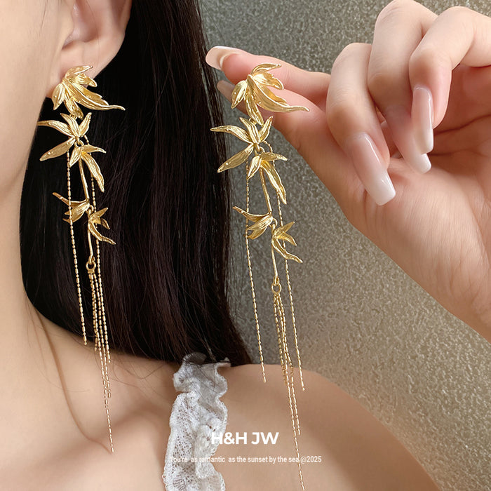 Wholesale Silver needle bamboo leaf tassel earrings new Chinese style fashion temperament niche cold style earrings light luxury high-end earrings for women