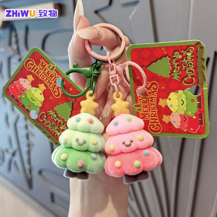 Wholesale PVC Flocking Christmas Tree Keychain Cute Holiday Gift MOQ≥4