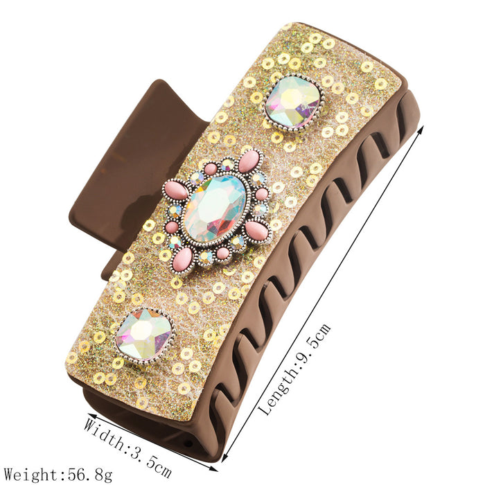 Wholesale Retro Leather Diamond-encrusted Pearl Turquoise Grab Clip Back Head Tie Hair Square Clip Elegant Hair Clip