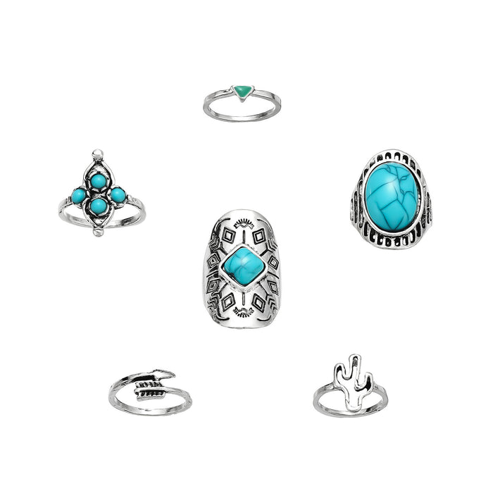 Wholesale Ethnic Style Retro Turquoise Carved Feather Ring Fashionable and Personalized 8-Piece Combination Ring Set