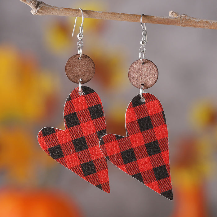 Wholesale  Valentine' s Day Plaid Love Pieces ing Pendant Earrings PU Leather Wooden ing Double-sided Earrings