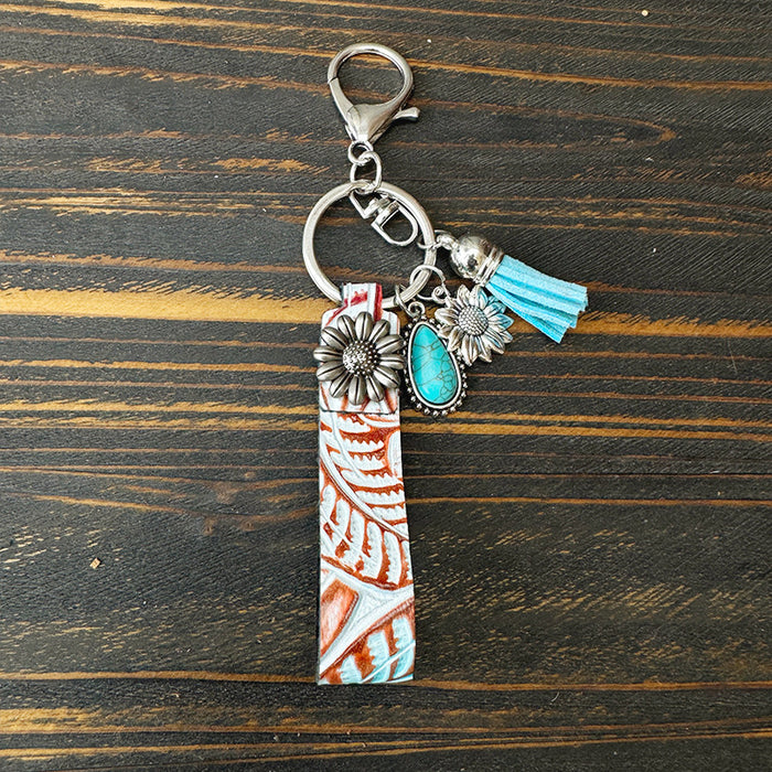 Wholesale Genuine Leather Western Cowboy Retro Keychain Turquoise Pendant Decorative