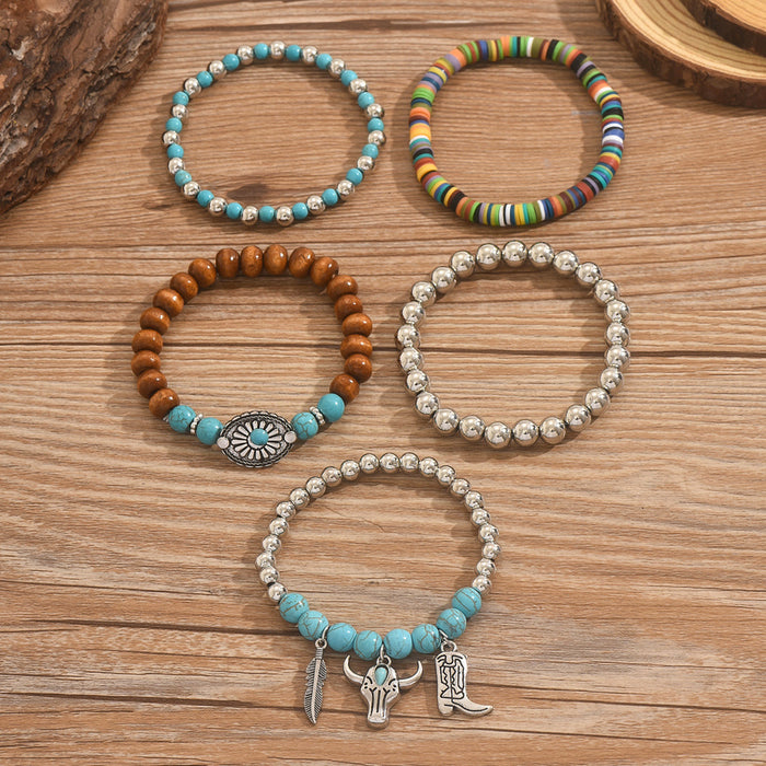 Wholesale Retro Turquoise Wood Bead Bead Alloy Elastic Thread Multi piece Bracelet Set