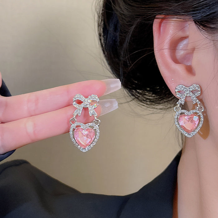 Wholesale Pink Zircon Heart Diamond Bow Tie Alloy Earrings JDC-ES-HanJ009