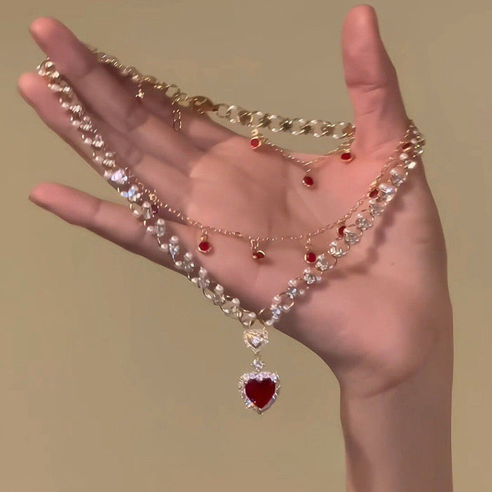 Wholesale Red heart-shaped pearl double layered necklace for a princess, luxurious and high-end, summer collarbone chain