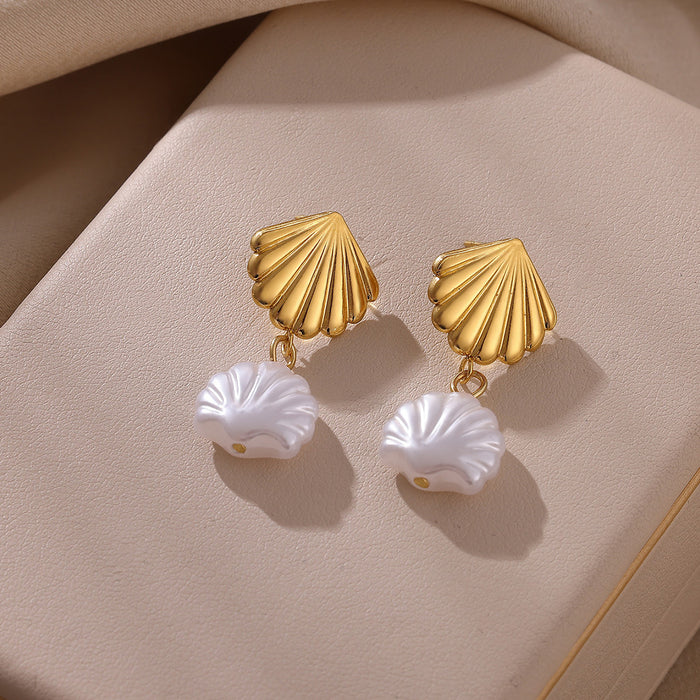 Wholesale Stainless Steel Ocean Series Shell Pearl Pendant Earrings Niche Jewelry
