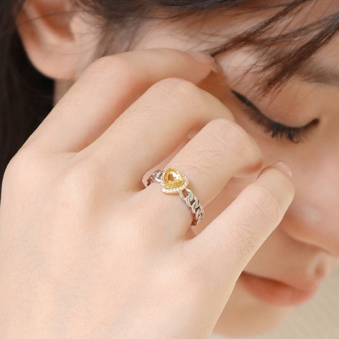Wholesale Natural yellow crystal heart ring original niche temperament light luxury high-end ring