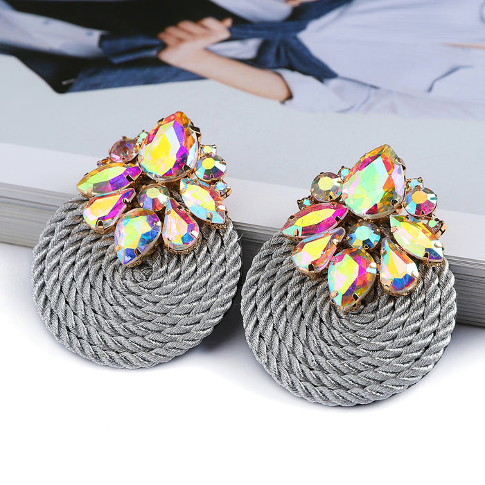 Wholesale Fashionable hand woven rope with circular inlaid colorful crystal earrings, elegant earrings and jewelry