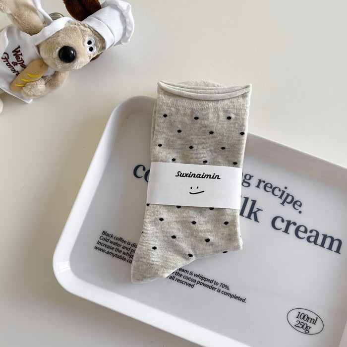 Wholesale Sweat absorbing and breathable socks with polka dot rolled edges, mid tube socks, stacked socks