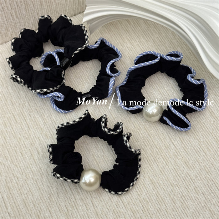 Wholesale Plaid Lace Scrunchie High-End Pearl Bun Hair Tie Ponytail Holder