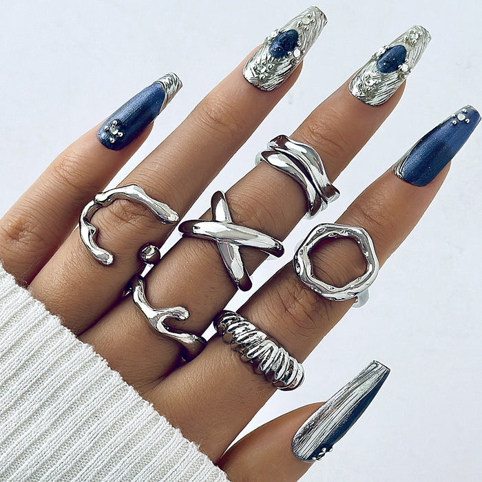 Wholesale Exaggerated Geometric Curved Alloy Open Ring Six-piece Set JDC-RS-YongG002
