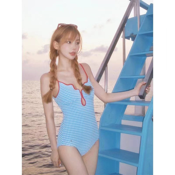 Wholesale Cute girl sweet checkered sexy backless simple one-piece swimsuit