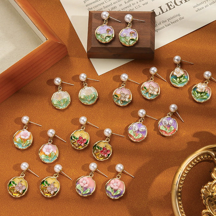 Wholesale Colored oil dripping flower earrings with a light luxury and high-end feel, fresh and fashionable temperament earrings