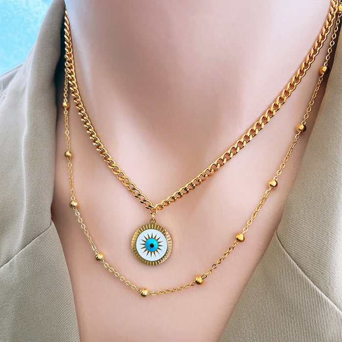 Wholesale Sunflower Blue Eye Round Plate Clavicle Pendant Double Layer Full Diamond Titanium Steel Thick Necklace JDC-NE-JinL003